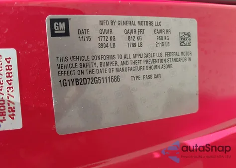 2016 Chevrolet Corvette Stingray из США, поврежденный, VIN 1G1YB2D72G5111686